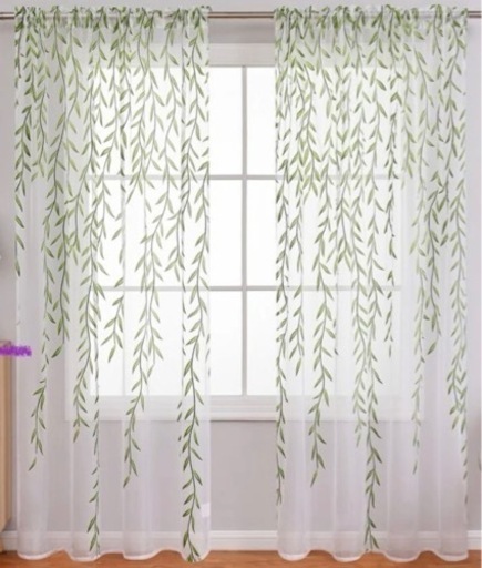 シアーカーテン リーフ柄100×200cm 2枚セット 観葉植物 緑 葉 植物