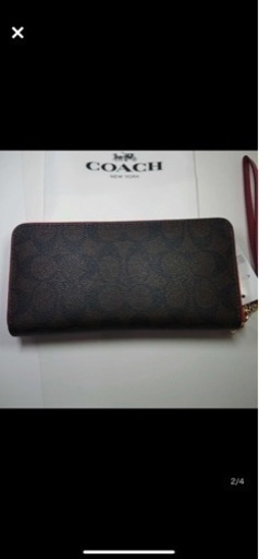  【新品-未使用】COACH コーチ 長財布 ラグジュアリー シグネチャー ブラウン×レッド ストラップ付き(2022春夏新作)