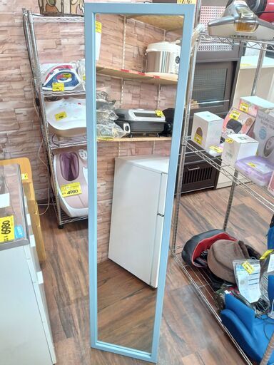 木製スタンドミラー　ペールブルー　水色　サイズ（約）幅３５×奥３×高１５６　　■近隣配送無料 買取GO‼　栄和店