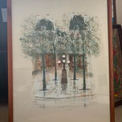 油絵　作者不詳　パリの街角　額装