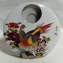 中古 九谷焼 美峰 花瓶 花器 花入 置物 丸型花瓶 山鳥 九谷...