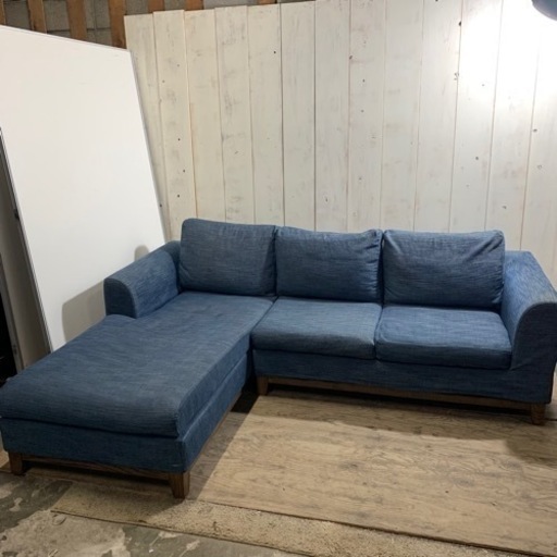 6/5終NH カウチソファー 3人掛け 布地 ブルー系 3P ソファ 菊倉HG