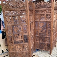 アンティークついたて　手彫り彫刻　アジアンテイスト　パーテーション　木製　衝立の画像