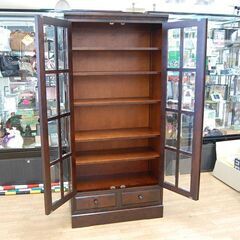 高級書棚　民藝家具 北海道民芸家具 書棚 幅84.5×奥40×高180cm カットガラス 本棚 食器