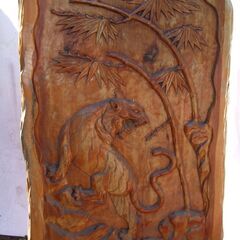 虎と竹の衝立 木彫り 中国 天然木