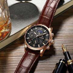 ◆新品未使用◆　【正規品】LIGE　高級ブランド　メンズ腕時計　クロノグラフ　防水　発光　ゴールドブラック　専用箱（付属品完備）の画像