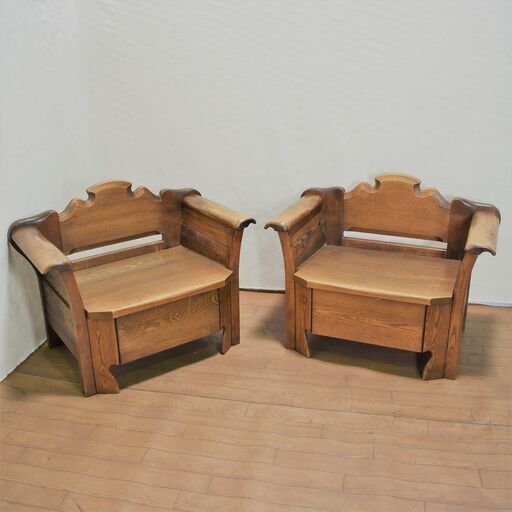 【ヤ取終了5/7】≪zyw958ジ≫ 木製ベンチ 2脚セット 座面下収納付き カントリー調 横幅約83cm 背もたれ付き 椅子/木製チェア 家具/インテリア 50422-04