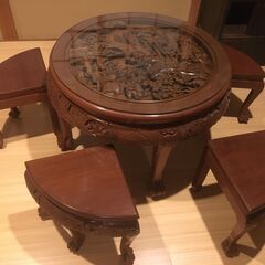 【アンティーク】中国彫木製　テーブル&椅子セットの画像