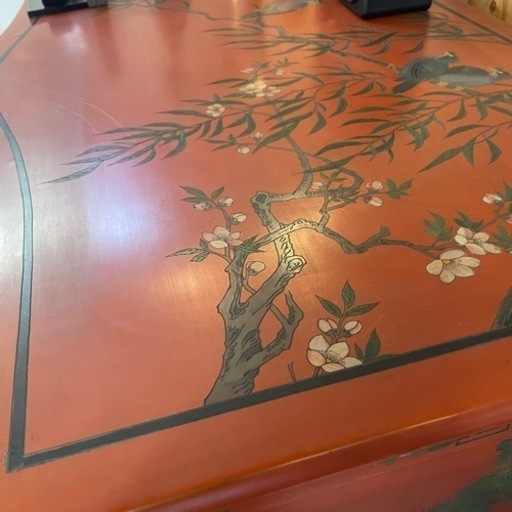 中国家具 朱漆塗 宮廷人物画 花鳥図 キャビネット コンソール 箪笥