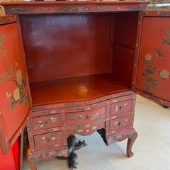 中国家具 朱漆塗 宮廷人物画 花鳥図 キャビネット コンソール 箪笥の画像