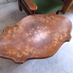 象嵌 センターテーブル 幅103cm 木製 ブラウン 色あせ有 オーバル リビング カフェ 家具 札幌市東区 新道東店の画像