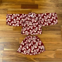 キッズ甚平　えんじ色×桜柄　100
