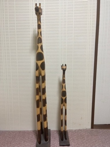 きりんの親子木製オブジェ
