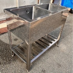 業務用 2槽シンク 蛇口付き 幅900×奥450×高さ800(mm) 流し台 厨房機材 キッチン 手洗い場 厨房機器 店舗用品 大阪 2層 ホース新品交換済