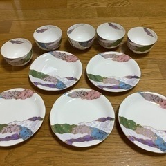 美濃焼　翔山窯　金彩ちぎり絵　皿5枚＆湯呑み5客セット