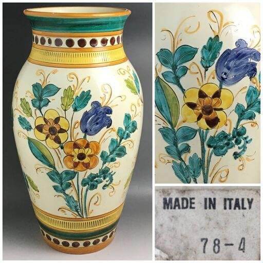 ut4/29 イタリア製　大型　壷　傘立て 花絵　花瓶　フラワーベース　花器　花入れ　華道　ITALY ※欠けあり　現状品