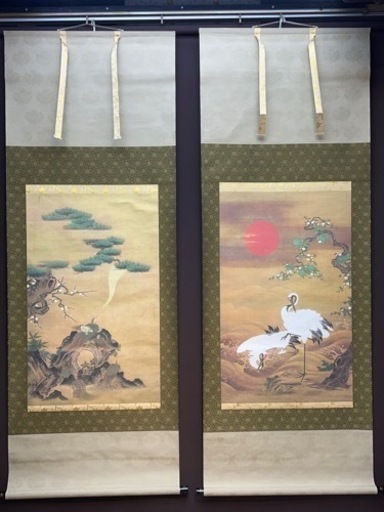 極上品◎高級複製画◎狩野房信『鶴・亀図』高級桐塗二重箱