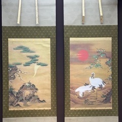 美品 掛け軸 狩野春定房信筆 名品 鶴亀図 縁起物 双幅 極上品