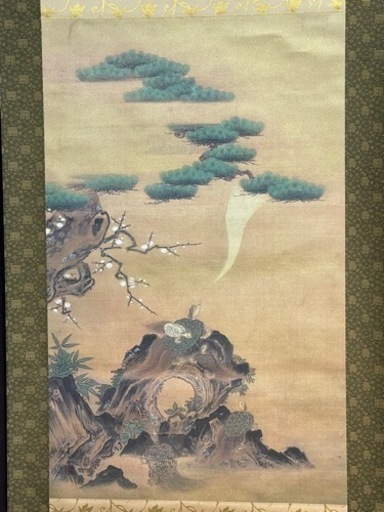 極上品◎高級複製画◎狩野房信『鶴・亀図』高級桐塗二重箱
