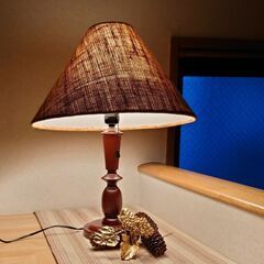 【成立終了】昭和の香り漂う 電気スタンド💡木製／傘(ジュート生地...