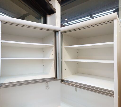 IDC大塚家具取扱い 松田家具 キッチンボード 幅140cm ソフトクローズ引出し モイス天井 ホワイト 鏡面仕上げ 木目模様 食器棚