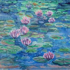 絵画　水彩画　真作　風景画　睡蓮朝