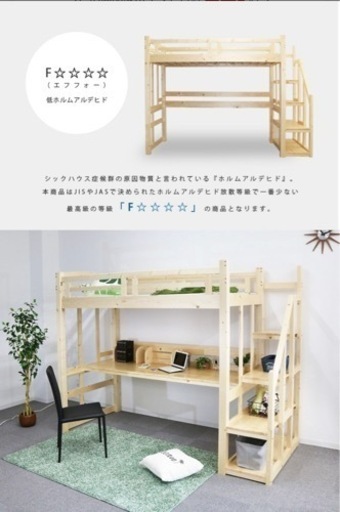 ロフトベッド デスク付き　収納ボックス付き　マット付き階段 システムベッド 学習机 木製 子供 大人 シングル ハイベッド 極太柱  
