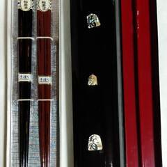 未使用 螺鈿細工箸入ケース＆輪島塗お箸2膳＆白木箸2膳 将棋王将柄 昭和レトロの画像