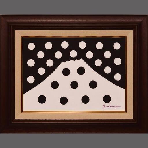 ●【雪のドット＆白富士】○がんどうあつし肉筆絵画アクリルF4ブラウン額付冬富士山 ○【雪のドット＆白富士】○がんどうあつし肉筆絵画アクリルF4
