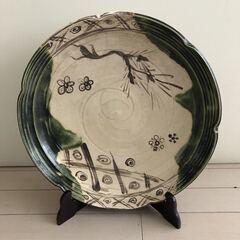 塩草窯 織部焼　盛皿　飾皿　大皿　木製盾 径36ｃｍ