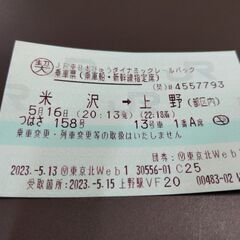 【※コメント】JR新幹線指定席券2023/5/16　 つばさ158　米沢20:13→上野22:18の画像