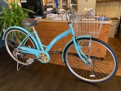 【前後タイヤ新品！】LEDオートライト　6段変速　26インチ自転車　水色