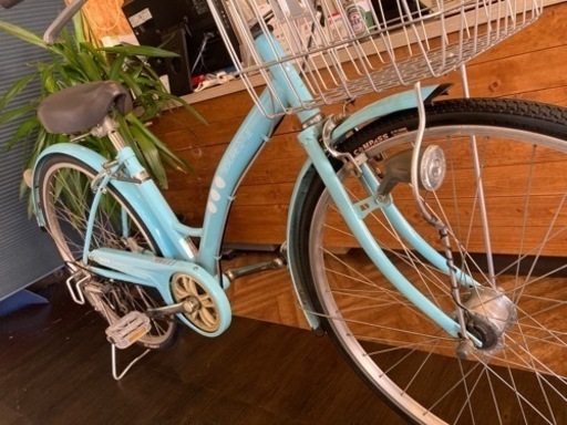 【前後タイヤ新品！】LEDオートライト　6段変速　26インチ自転車　水色