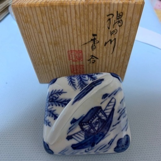 茶道具　香合　染付隅田川香合　高野昭阿弥作