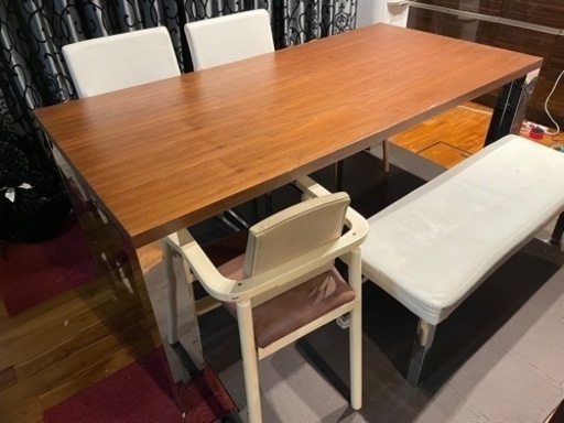 （お話し中）定価15万 中古ダイニングテーブルセット 6人用 ベンチ付 新品椅子一脚付