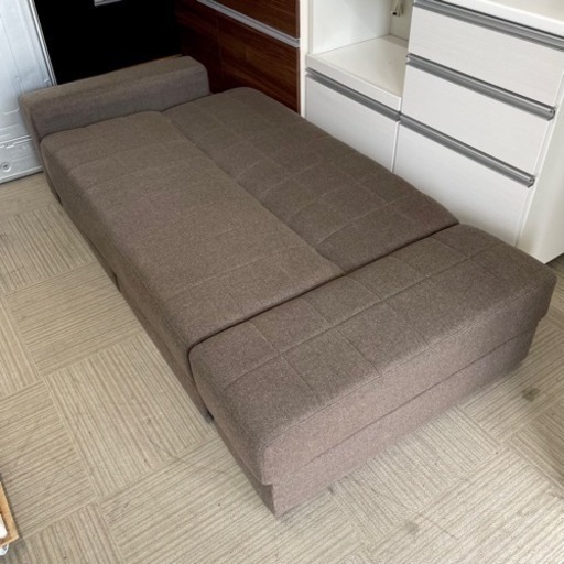 【美品‼️】ニトリ 195cm幅リクライニングソファベッド カウチ 引き出し収納付き 布張りブラウン♪