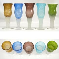 未使用品 アペックスハート 深山窯 手造り ビードロ 高台グラスセット 5色/5客入 木箱付　酒器 キレイ ☆ PayPay(ペイペイ)決済可能 ☆ 札幌市 豊平区 平岸の画像