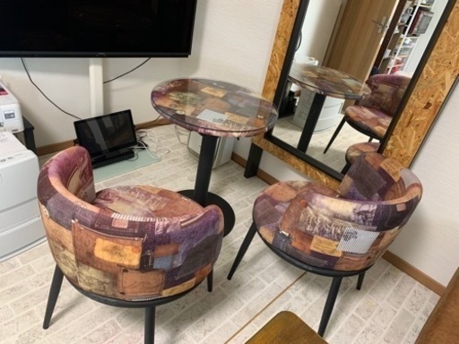 丸 テーブル アンティーク カフェテーブル3点セット