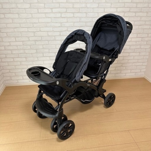 二人でゴーDX デニム レインカバー付き カトージ KATOJI ベビーカー 二人乗り 縦型