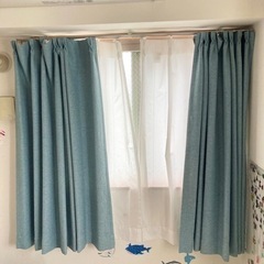 お話中　くすみブルーのカーテン　2窓分セット