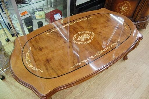 象嵌細工 センターテーブル 幅135×奥73×高46cm 猫脚 猫足 木の葉型 彫刻 リビングテーブル 応接テーブル アンティーク  