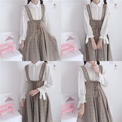 【即日・手渡し可】【新品未使用】Lolita JSK Dress 2点セット(レース 蝶結び付き シ ャツ＋吊りスカート)ロリータ キャミワンピース ロリィタ お茶会 撮影 cosplay カジュアル チェック柄 ホワイト きれいめ Aライン 膝丈スカート 通学 少女 お呼ばれ 着痩せ パーティー ブラウスの画像