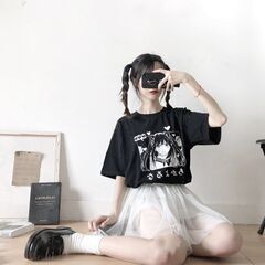 【即日・手渡し可】【新品未使用】② tシャツ 半袖 イラスト 漫画 マンガ 原宿 オルチャン アニメ 白黒 プリント 綿 レディース モノトーン キャラクター 病みかわいい オタク アニオタ 原宿系 ファッション ロメルチェオの画像