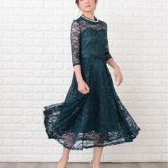 結婚式に ウエストリボン付きレース袖総レース ドレスMの画像