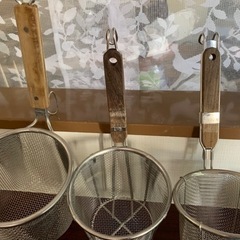 美品★ステンレス 湯切り てぼ ザル 平底 三つセット 