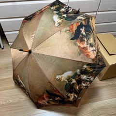 雨傘長傘中古☆猫絵画アート傘☆ブラウン系