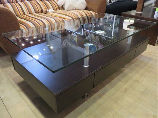 【愛知店舗・在庫色々御座います】 センターテーブル ローテーブル  引出し付　ガラス天板　幅120cm×奥行65cm×高さ42.5cm