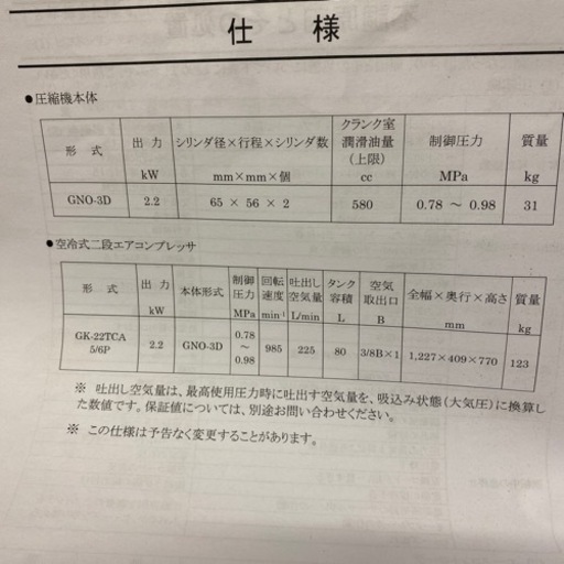 中古コンプレッサー  三相2.2kw