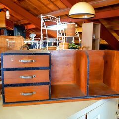 昭和レトロ 卓上 本立て ブックスタンド 木製 引き出し付き　/...