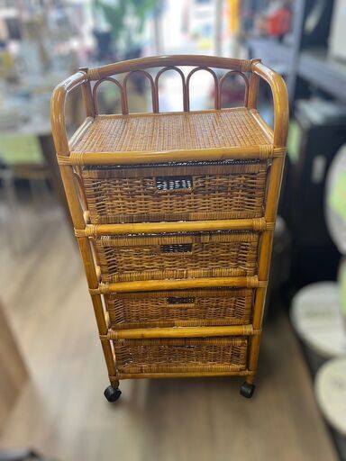 【レガストック江東店】4段ラタン チェスト 野菜ストッカー カゴ 木製 収納